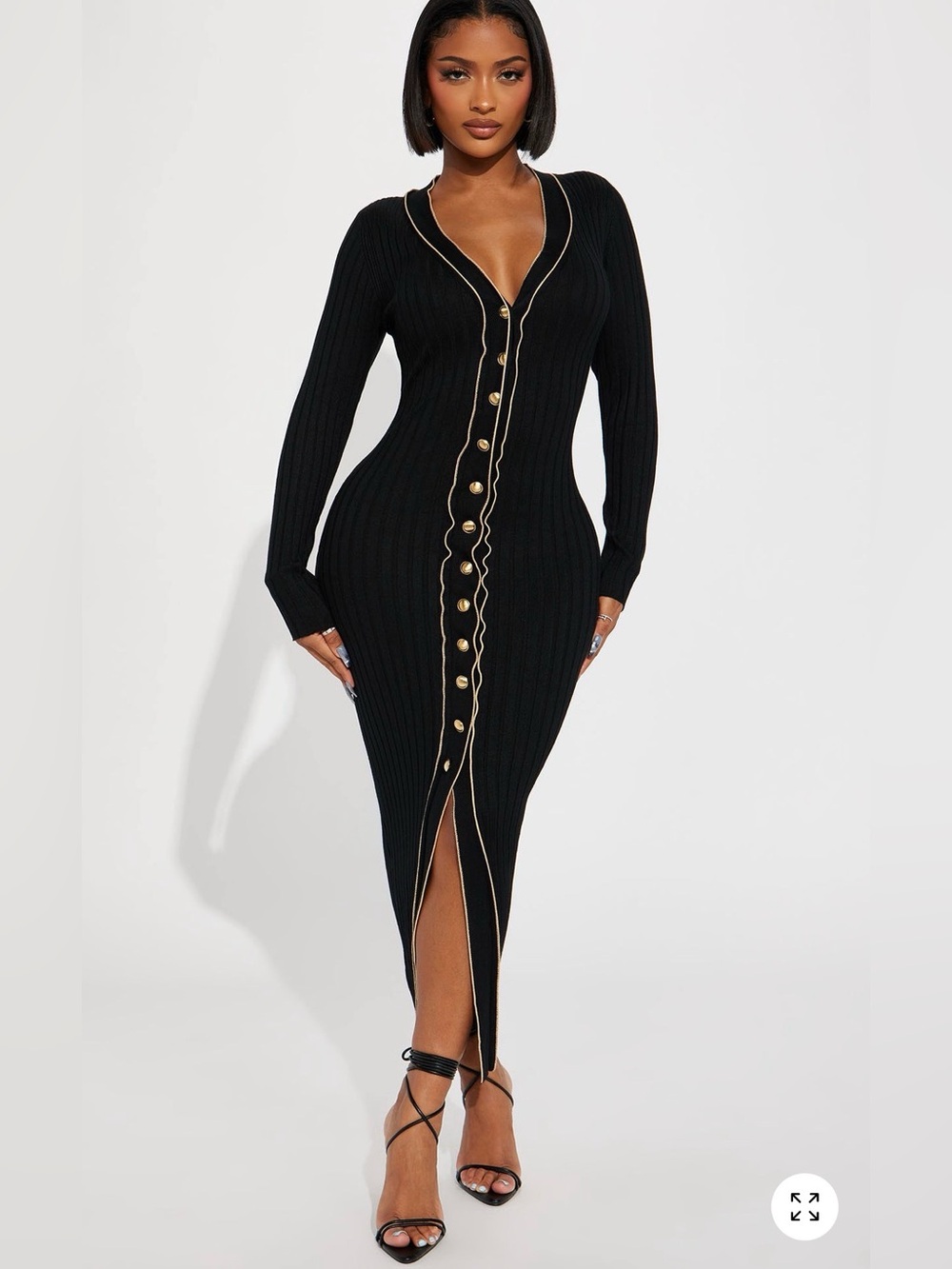 Fashion Nova Black Ribbed Long-Sleeve Button-Front Dress with Gold Trim